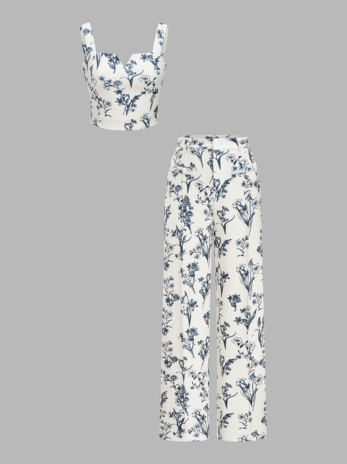 Floral Print Crop Cami Top & Wide Leg Pants Set