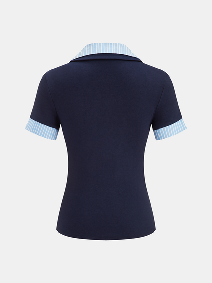 Striped Collar Short Sleeve Knit Top