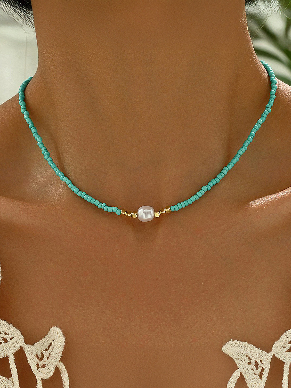 Beaded Pearl Choker Necklace