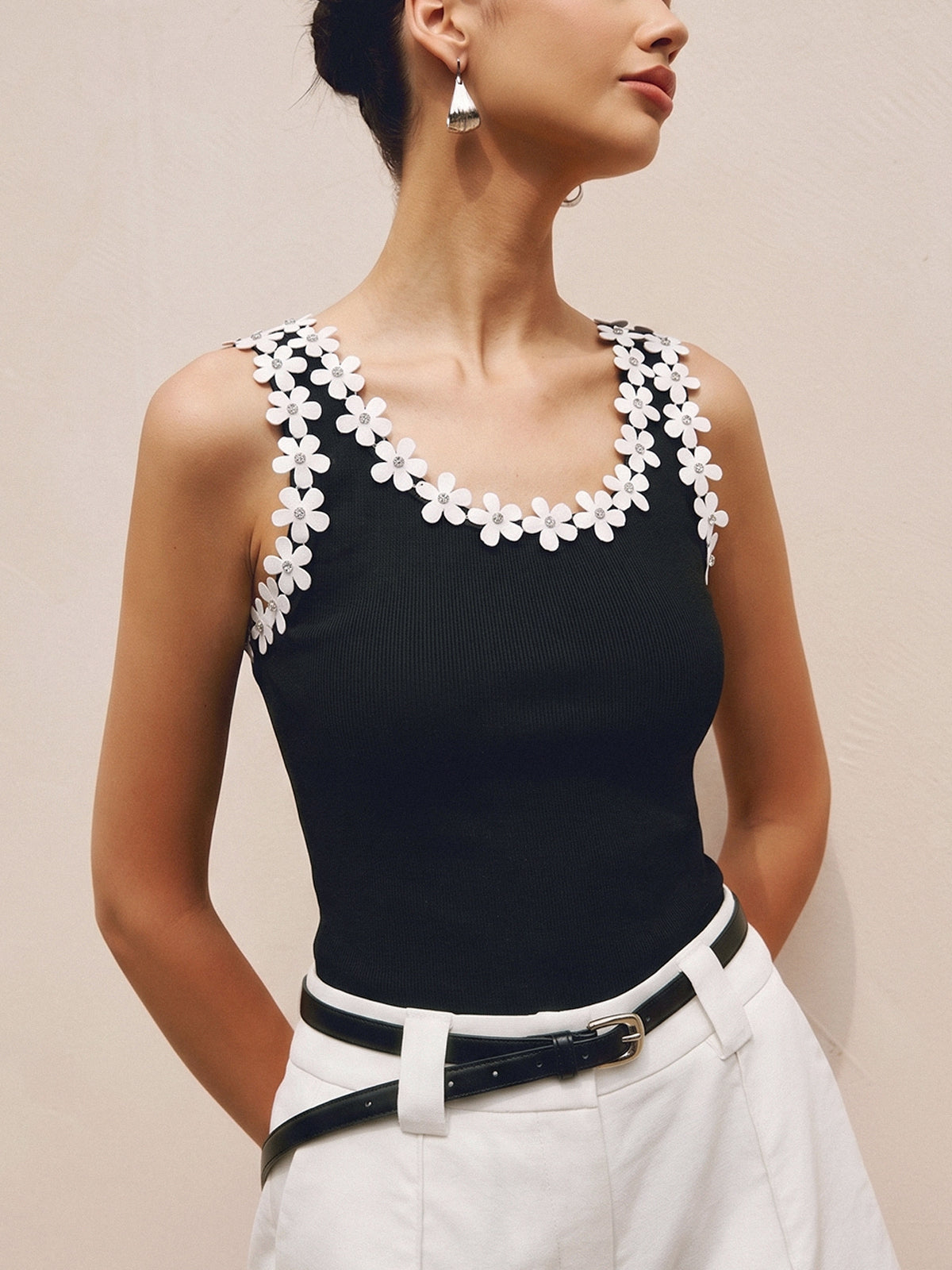 Floral Trim Ribbed Cami Top