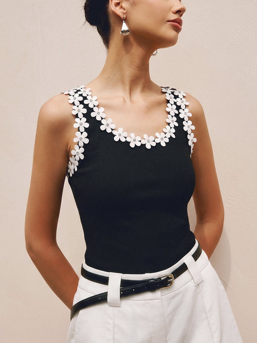 Floral Trim Ribbed Cami Top
