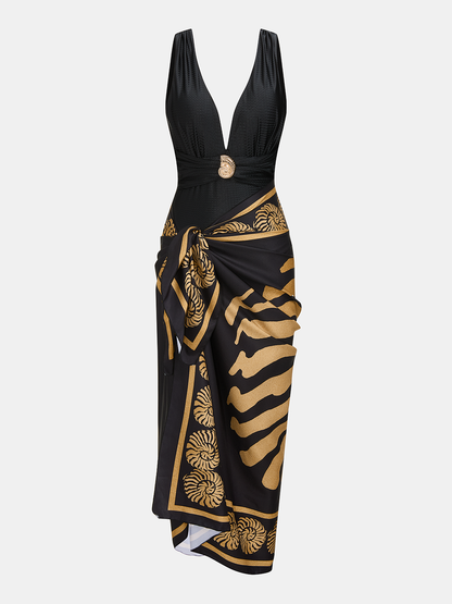 Deep V One Piece Swimsuit & Printed Sarong Set