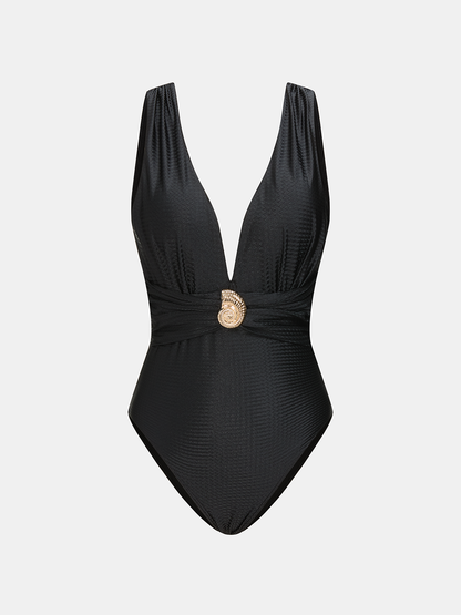 Deep V One Piece Swimsuit & Printed Sarong Set