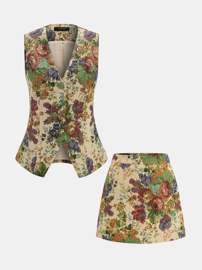 Floral Print Vest & Mini Skirt Set