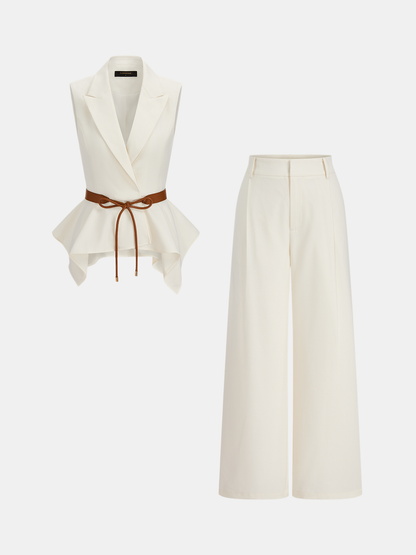 Belted Peplum Blazer Vest & Wide Leg Pants Set