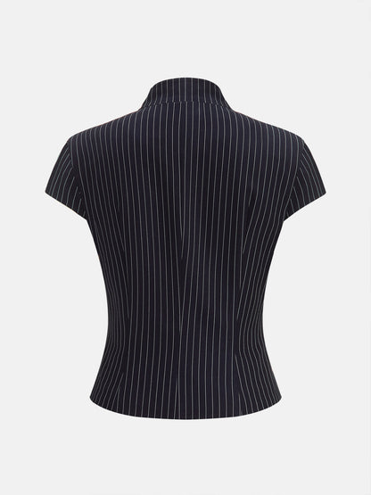 Pinstriped Button-Front Stand Collar Blouse