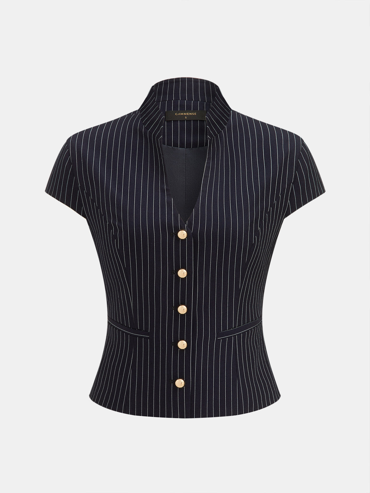 Pinstriped Button-Front Stand Collar Blouse