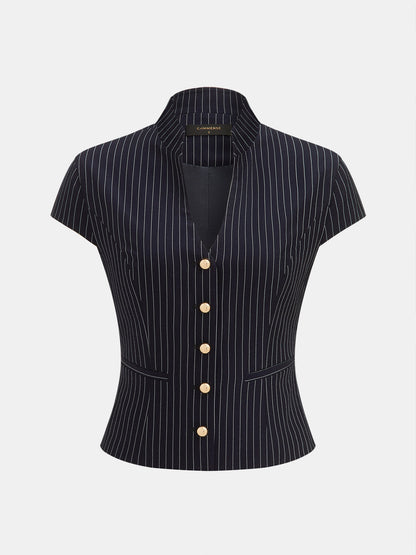 Pinstriped Button-Front Stand Collar Blouse
