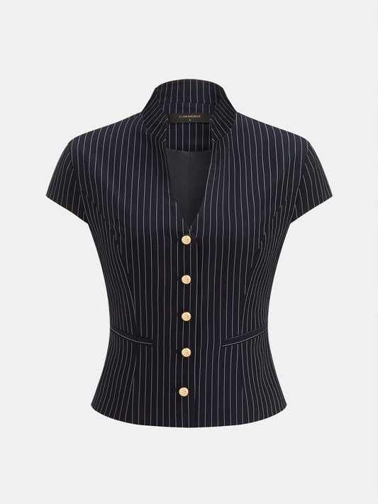 Pinstriped Button-Front Stand Collar Blouse