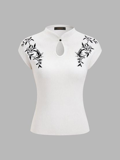 Butterfly Embroidery Keyhole Ribbed Knit Top