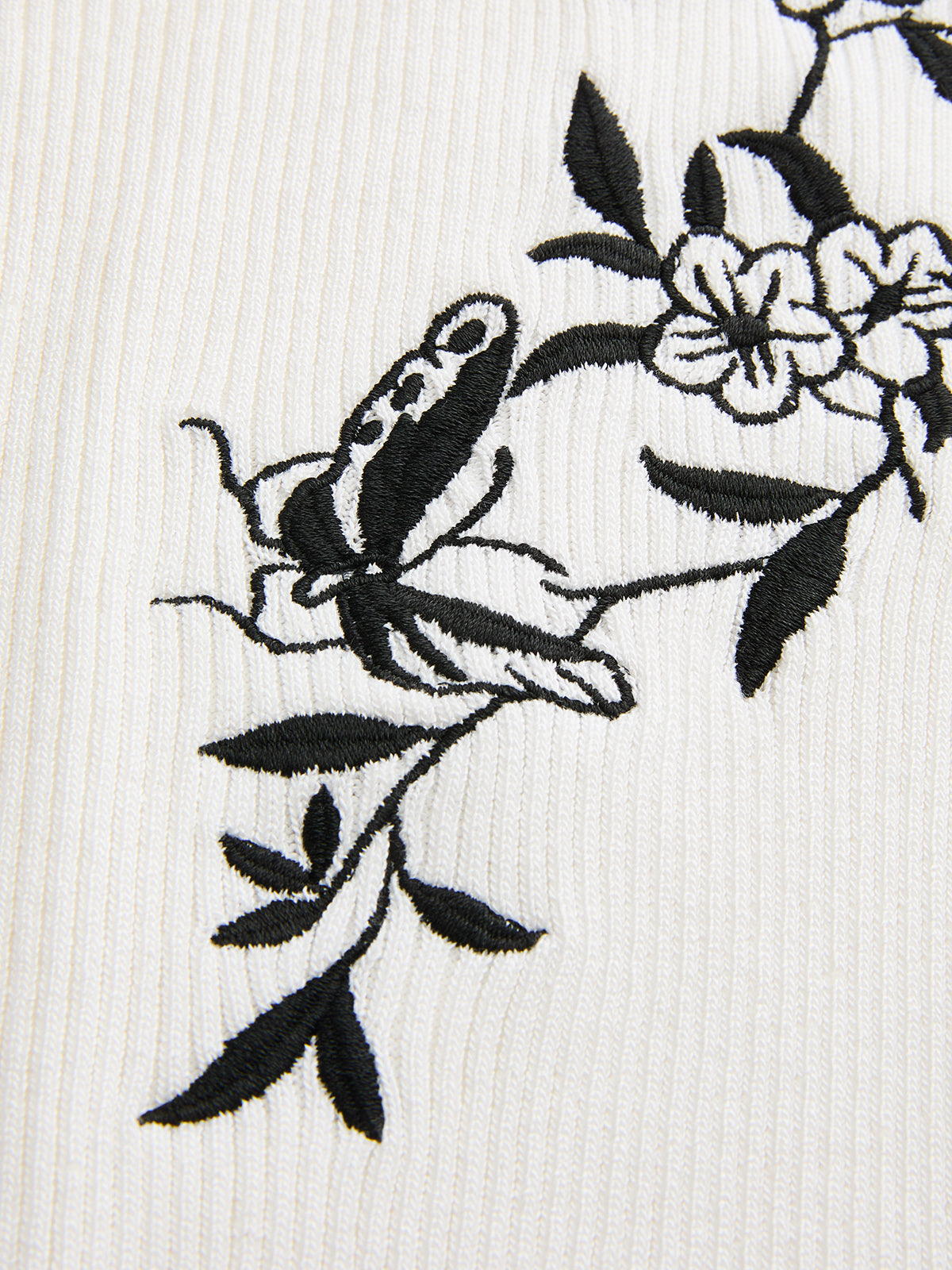 Butterfly Embroidery Keyhole Ribbed Knit Top