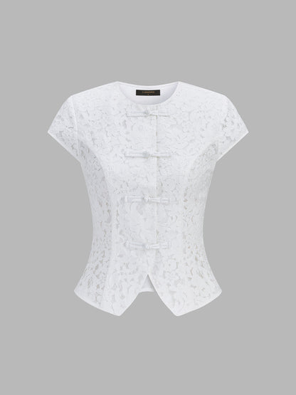 Short Sleeve Frog Button Lace Blouse