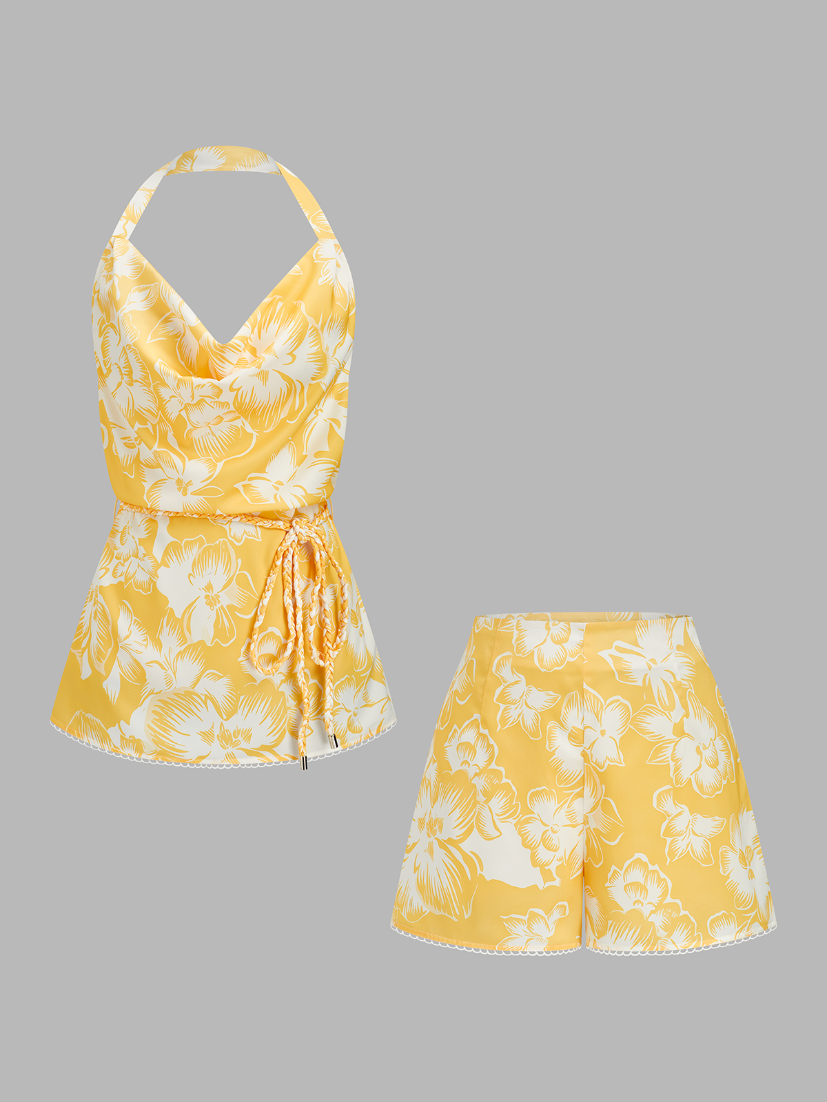 Floral Print Halter Cowl Neck Top & Shorts Set