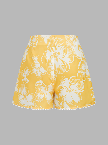 Floral Print Halter Cowl Neck Top & Shorts Set