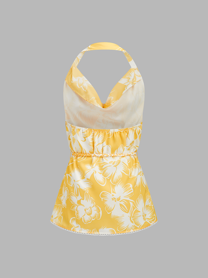 Floral Print Halter Cowl Neck Top & Shorts Set