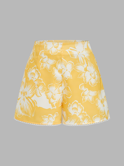 Floral Print Halter Cowl Neck Top & Shorts Set
