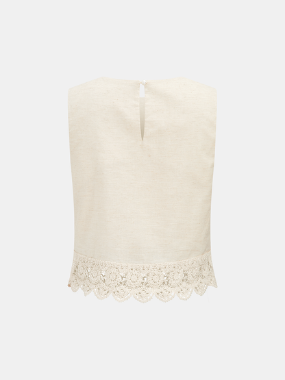 Cotton Linen Lace Trim Two-Piece Pants Set