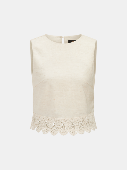 Cotton Linen Lace Trim Two-Piece Pants Set