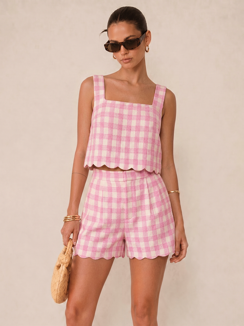Gingham Scallop Hem Crop Top & Shorts Set
