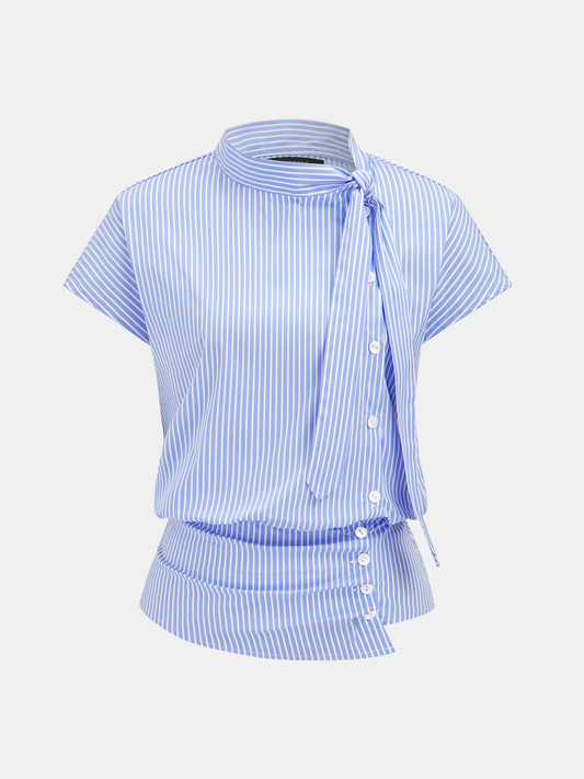 Tie-Neck Striped Cotton-Blend Blouse