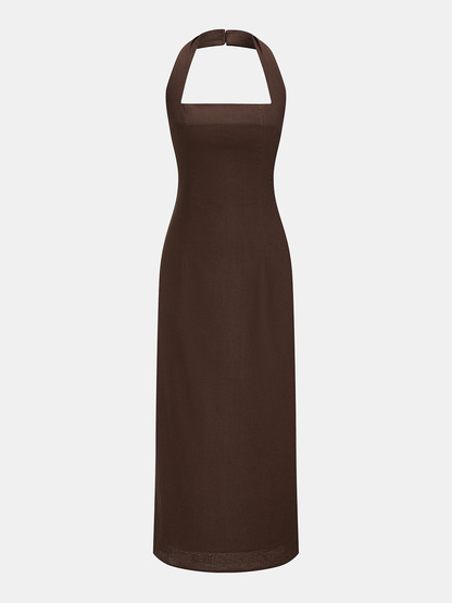 Cotton & Linen Halter Backless Split Dress