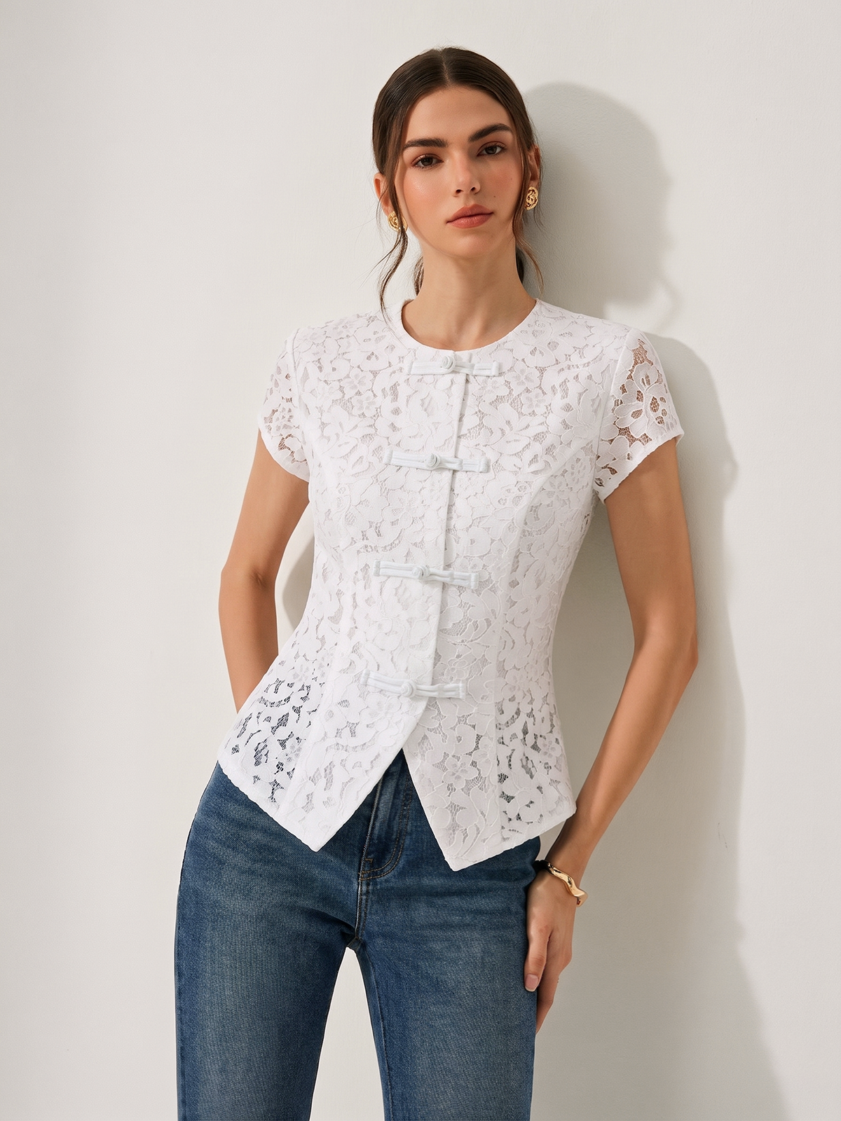 Short Sleeve Frog Button Lace Blouse