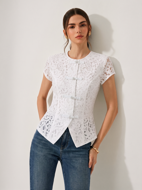 Short Sleeve Frog Button Lace Blouse