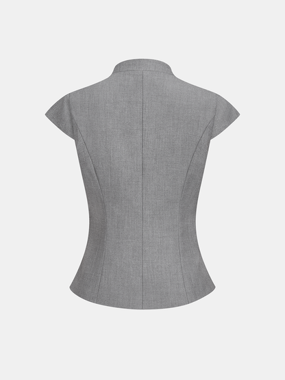 Zipper Stand Collar Cap Sleeve Blouse