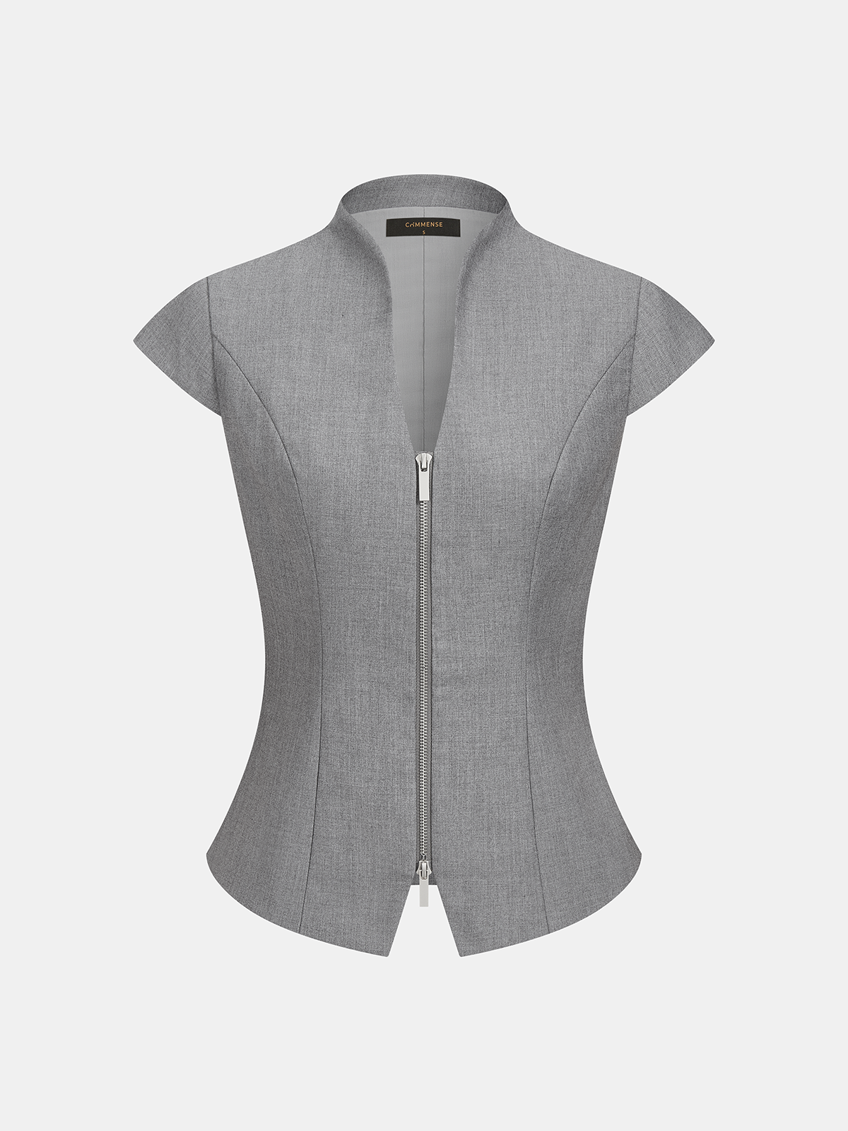 Zipper Stand Collar Cap Sleeve Blouse