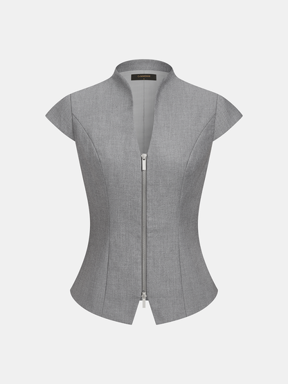 Zipper Stand Collar Cap Sleeve Blouse