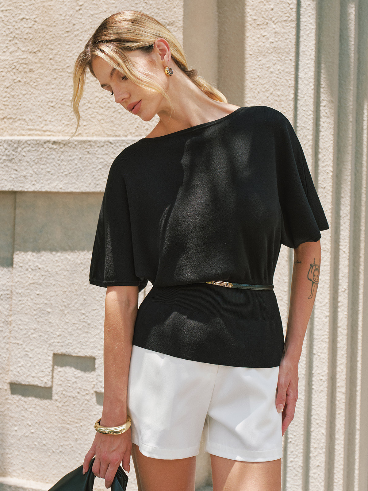 Tencel Batwing Sleeve Belted Knit Top