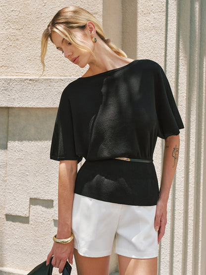 Tencel Batwing Sleeve Belted Knit Top