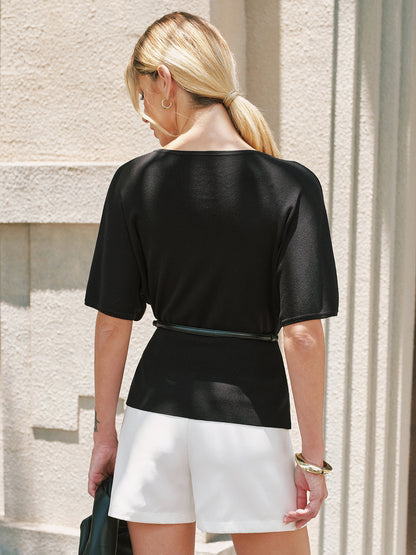 Tencel Batwing Sleeve Belted Knit Top