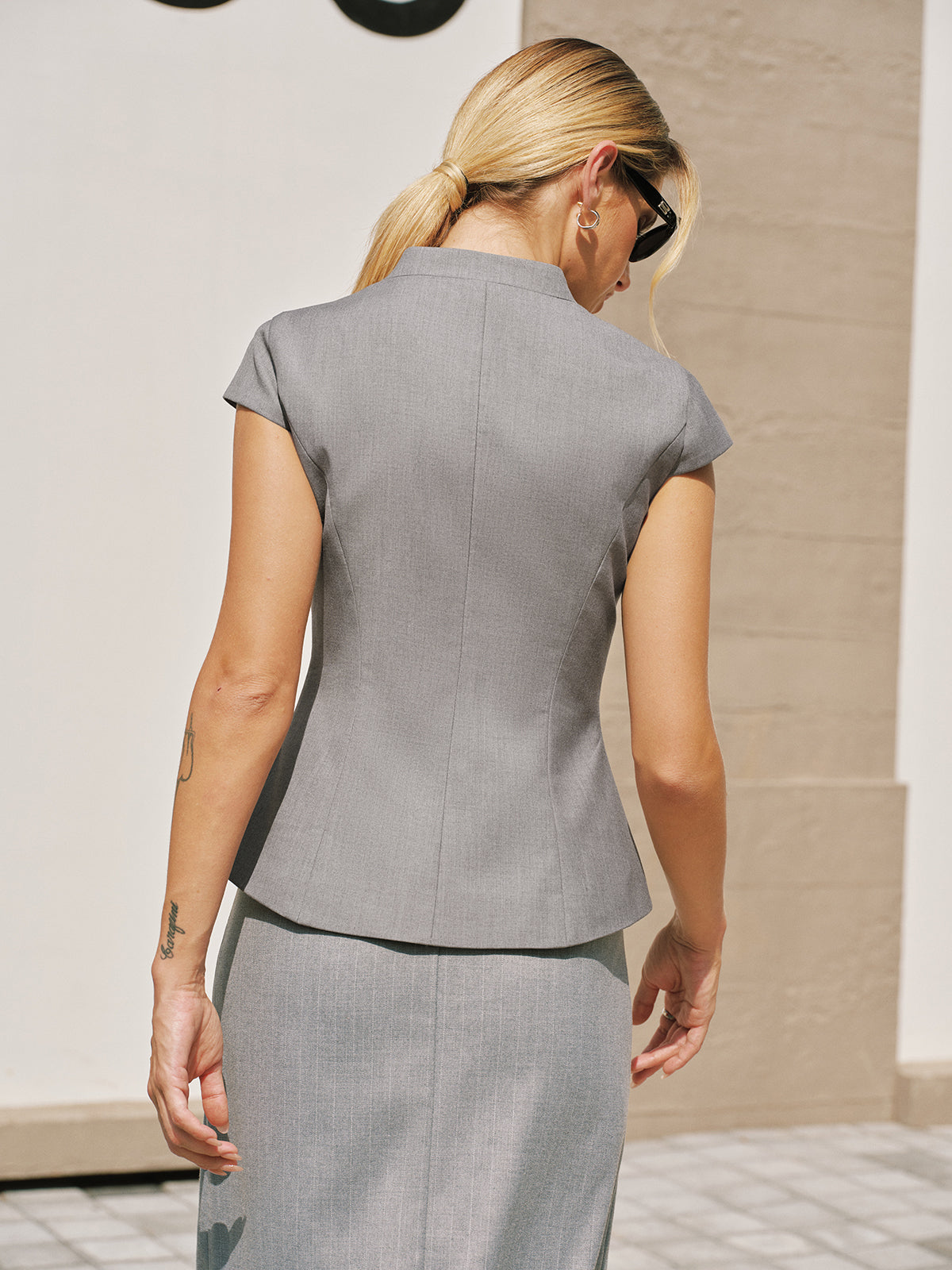 Zipper Stand Collar Cap Sleeve Blouse
