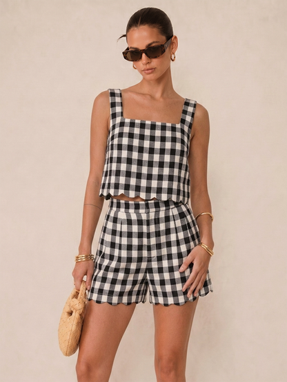 Gingham Scallop Hem Crop Top & Shorts Set