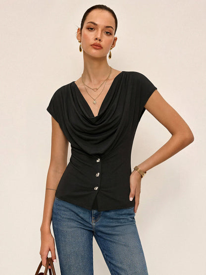 Cowl Neck Fitted Buttoned Blouse