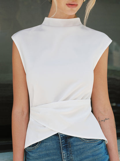 Mock Neck Sleeveless Asymmetrical Hem Blouse