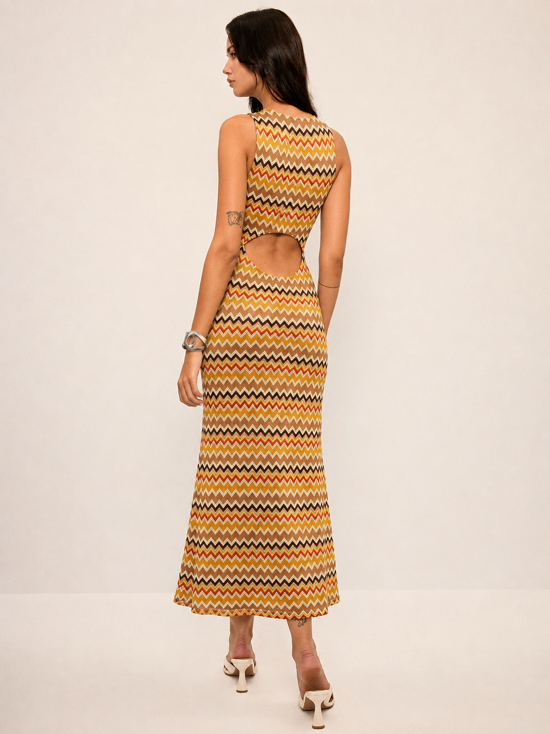 Cutout Back Zigzag Knit Maxi Dress