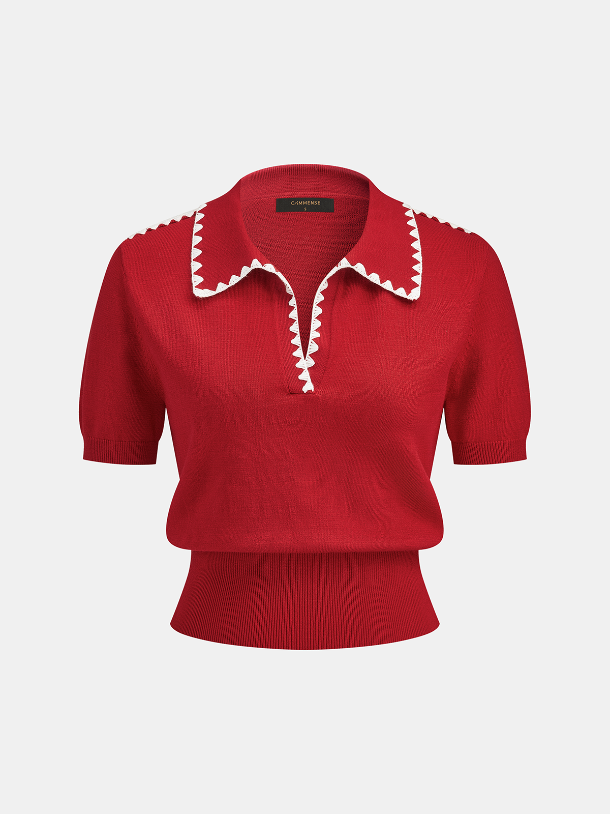 Scallop Trim Collared Short Sleeve Knit Top