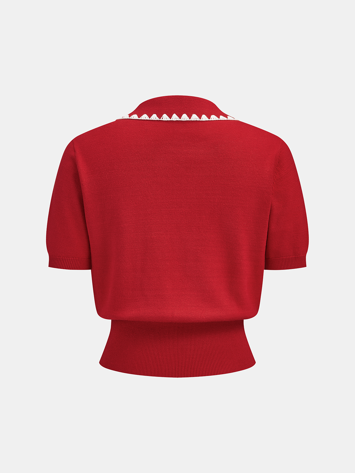 Scallop Trim Collared Short Sleeve Knit Top