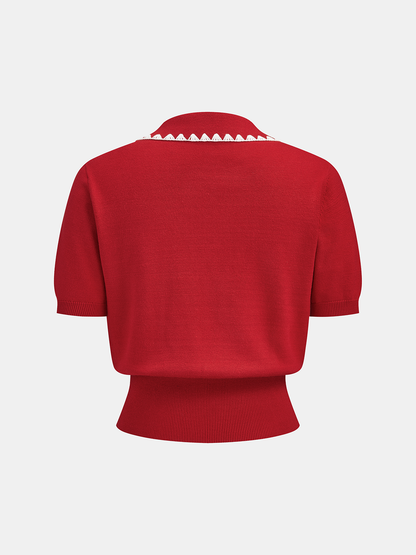 Scallop Trim Collared Short Sleeve Knit Top