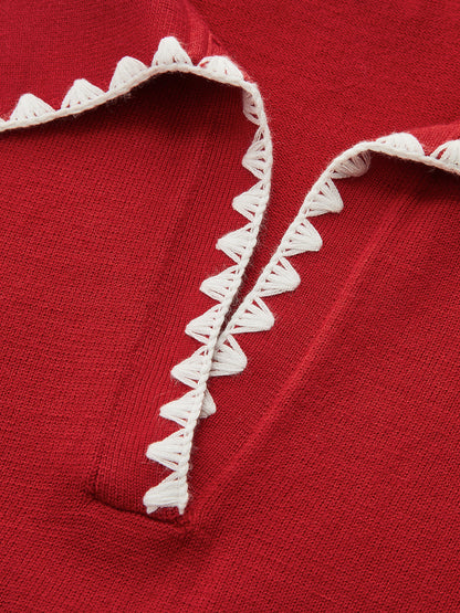 Scallop Trim Collared Short Sleeve Knit Top