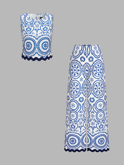 Scalloped Hem Printed Top & Pants Set