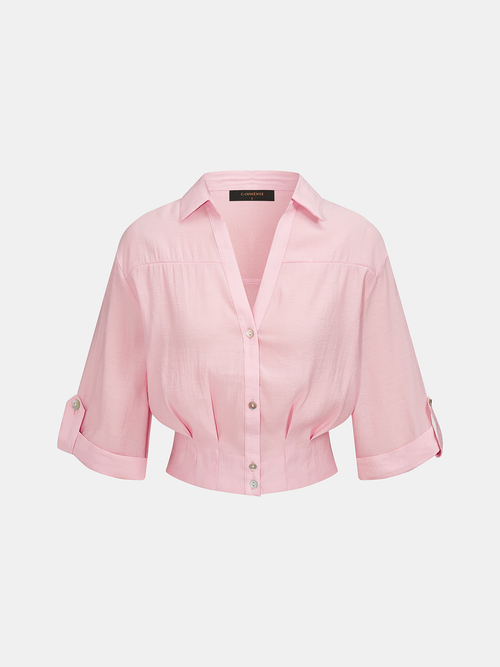 Cropped V Neck Button Front Blouse