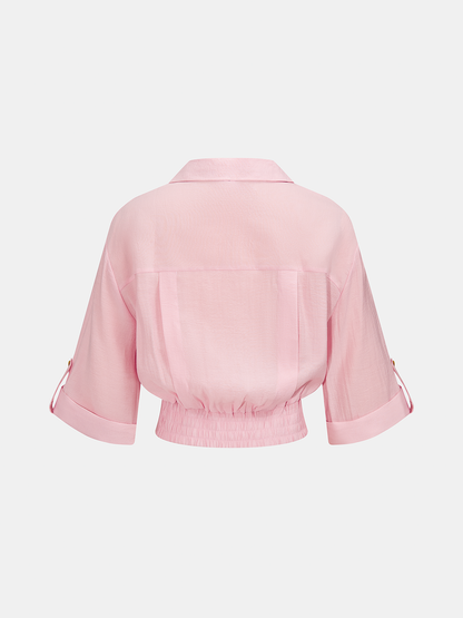 Cropped V Neck Button Front Blouse