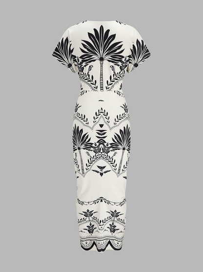 Palm Leaf Print Deep V Neck Maxi Dress