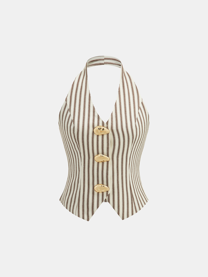 Striped Halter Neck Pants Set with Metal Button