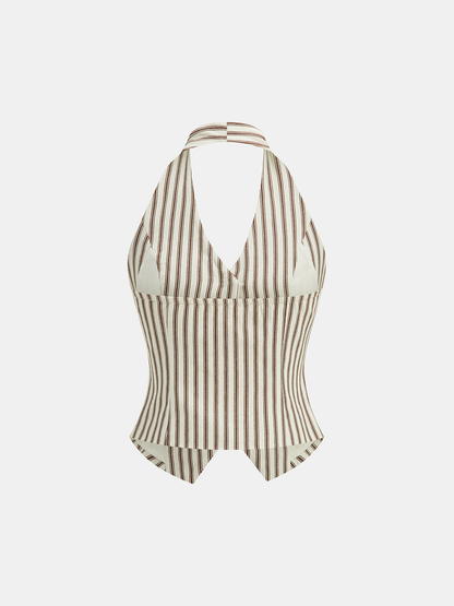 Striped Halter Neck Pants Set with Metal Button