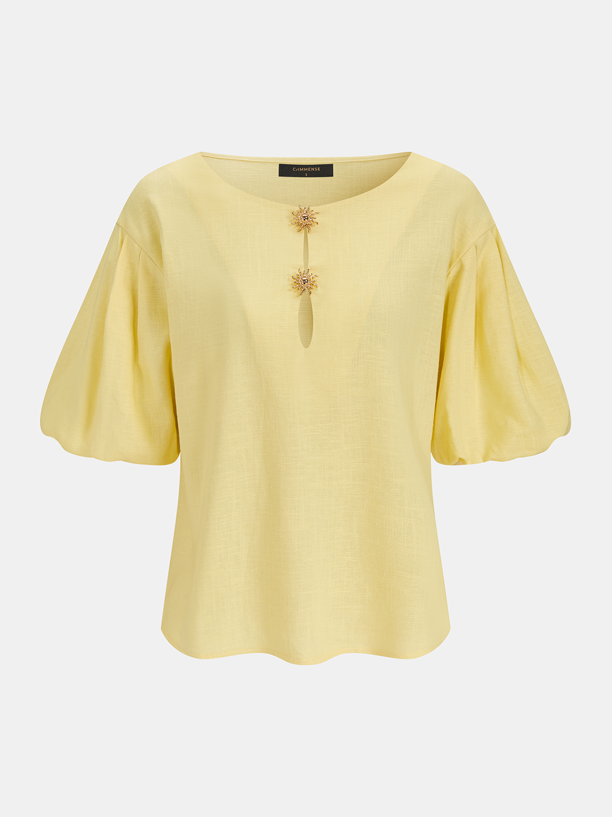 Keyhole Puff Sleeve Tencel Linen Blend Blouse