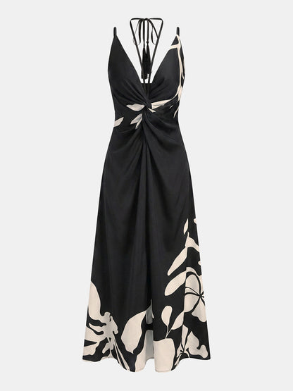 Tassel Detail Twist-Front Floral Print Maxi Dress